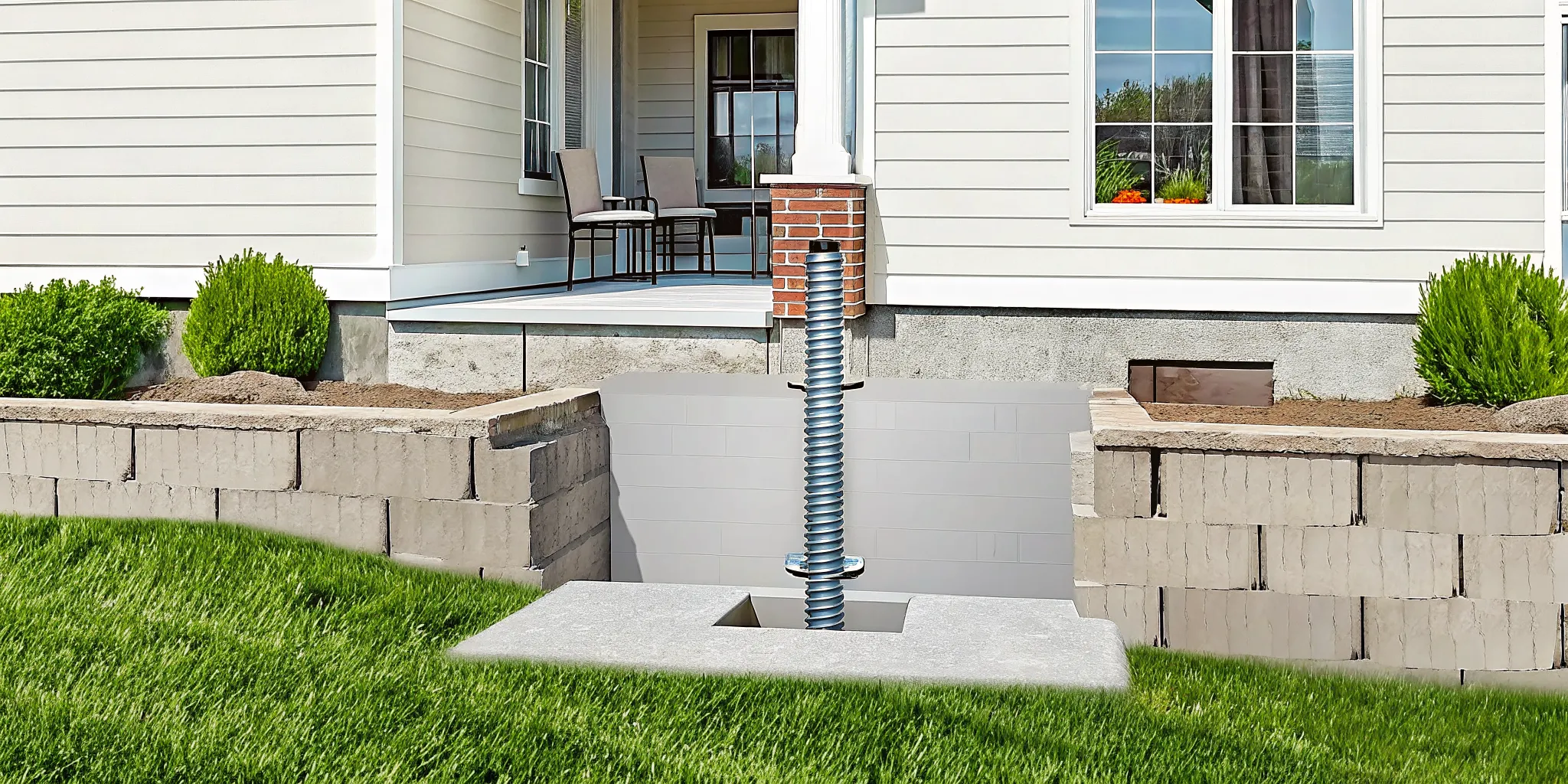 Cross-section diagram showing helical pier with screw-like plates and push pier with bracket against foundation footing in expansive clay soil
