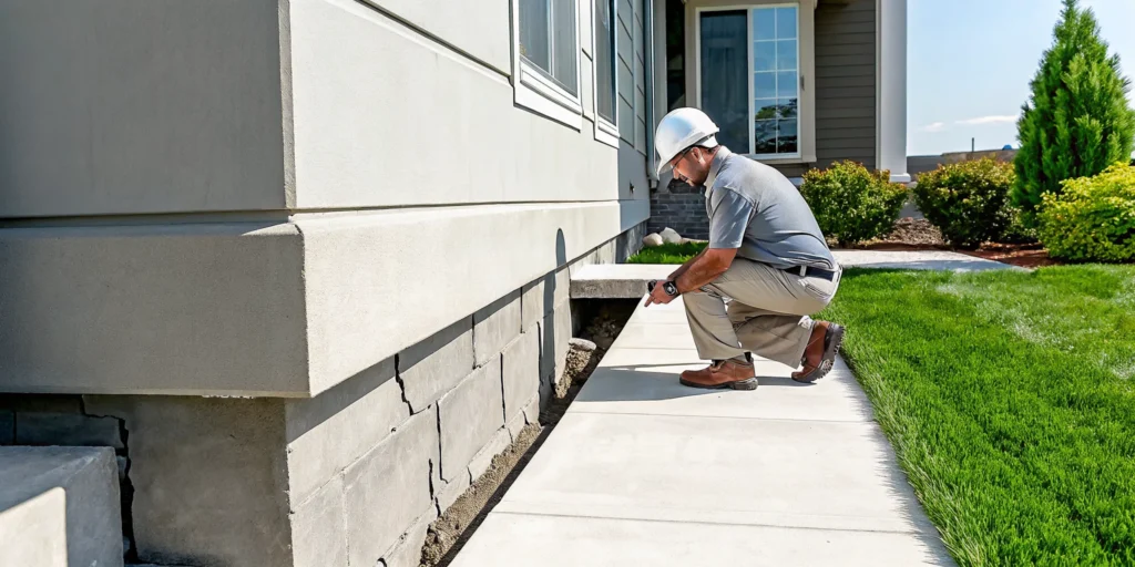 Inspector checking foundation cracks for repair before selling a house.