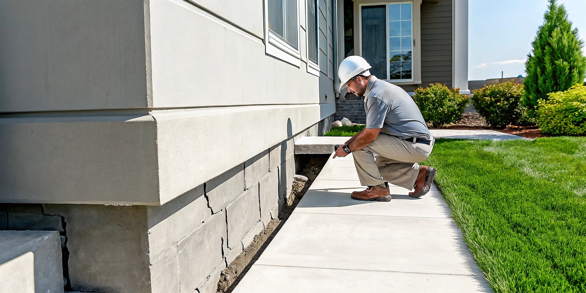 Inspector checking foundation cracks for repair before selling a house.
