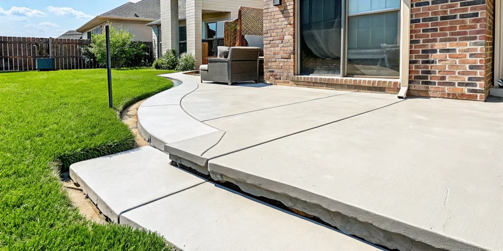 Sinking patio with a large gap needing concrete repair in Dallas-Fort Worth.