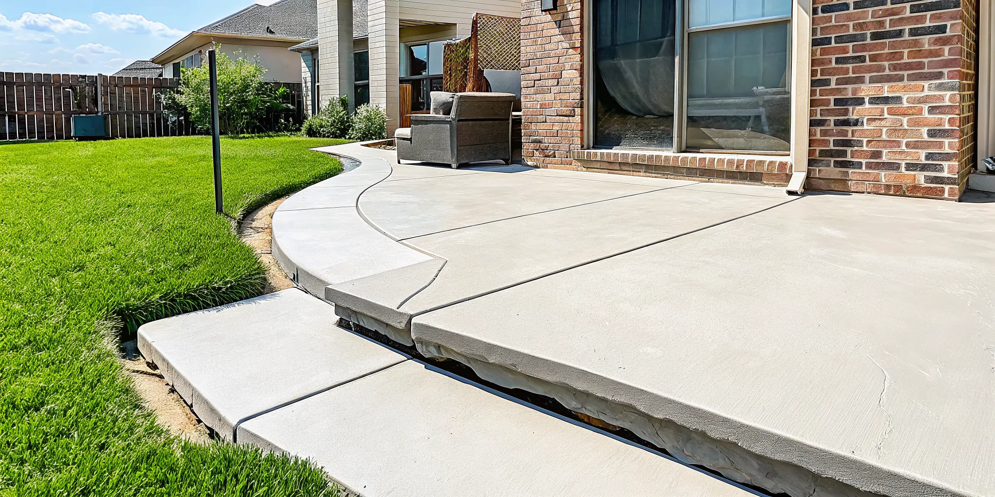 Sinking patio with a large gap needing concrete repair in Dallas-Fort Worth.