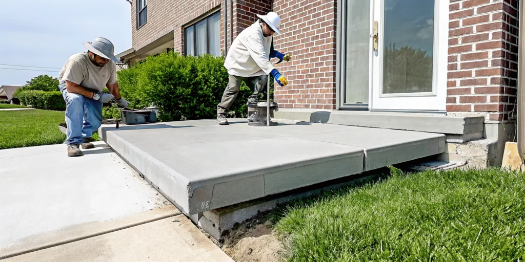 Workers repairing a slab foundation on a brick house in Dallas, TX.