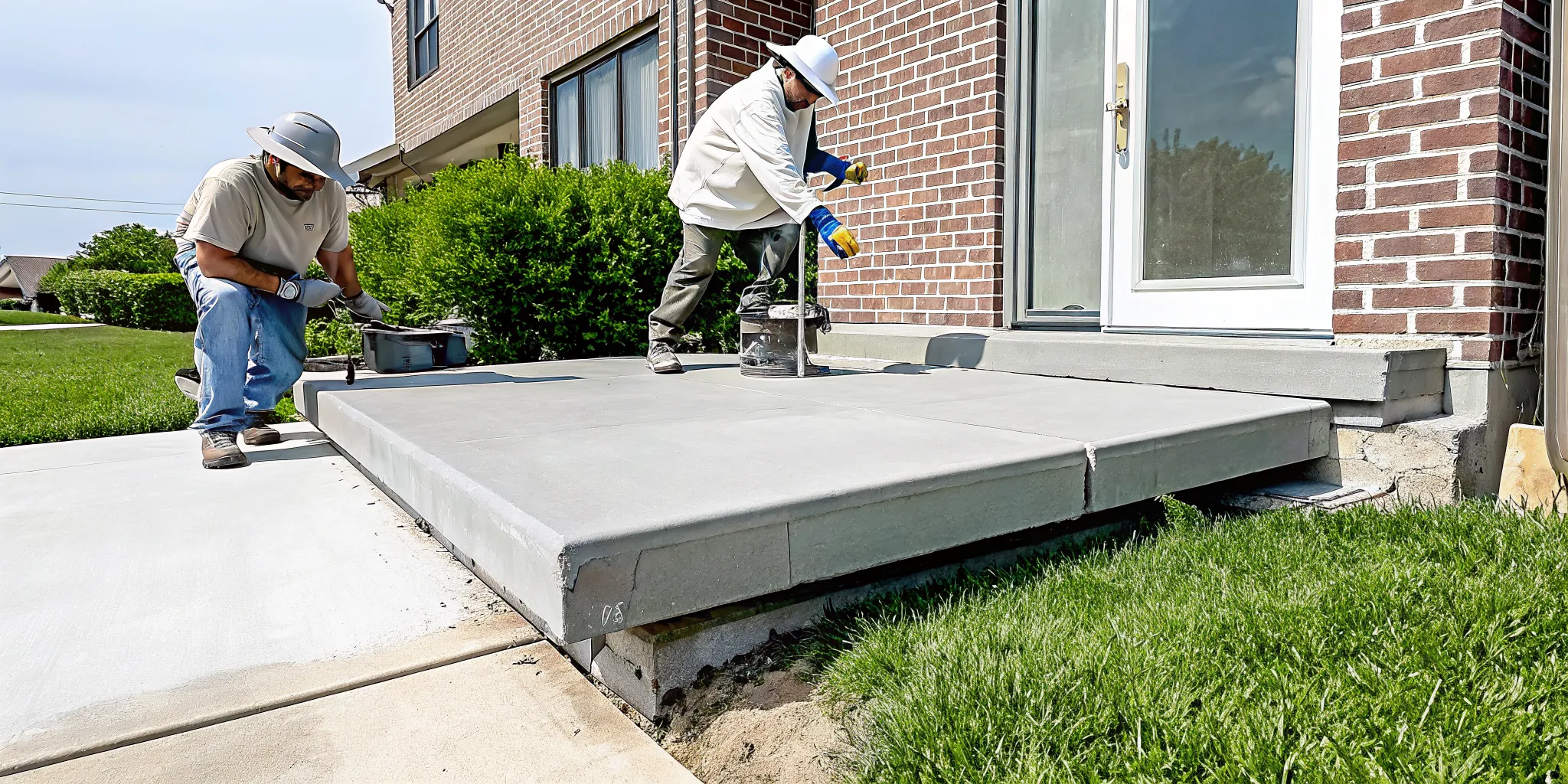 Workers repairing a slab foundation on a brick house in Dallas, TX.