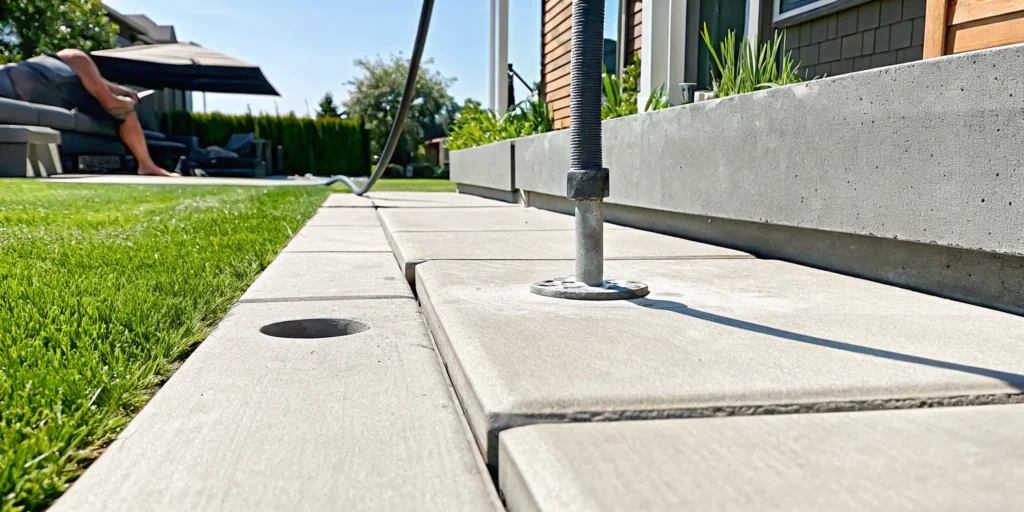 An uneven concrete pool deck slab is a trip hazard in need of repair.