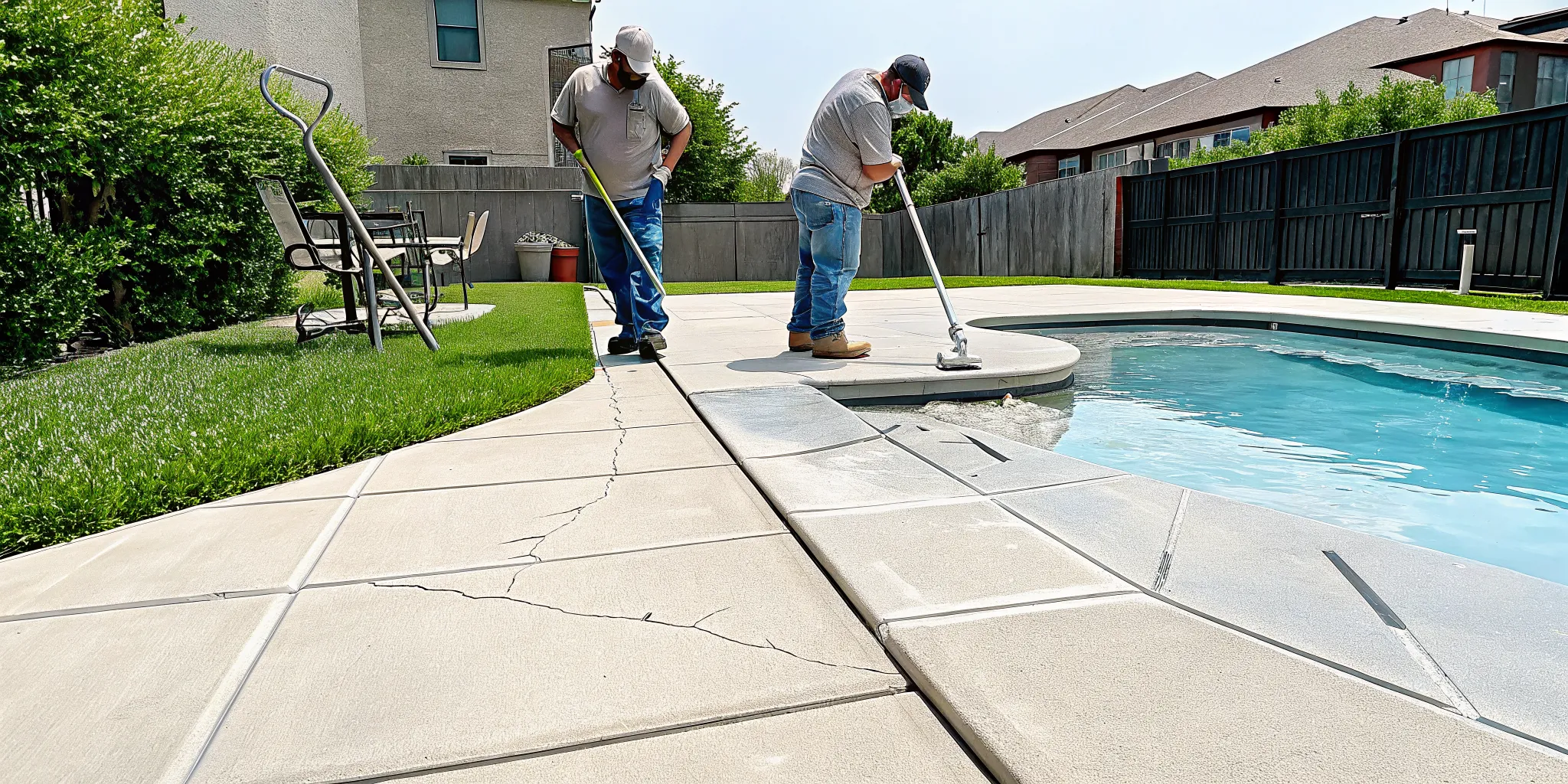 Workers repair a cracked and uneven concrete pool deck in Dallas Fort Worth.