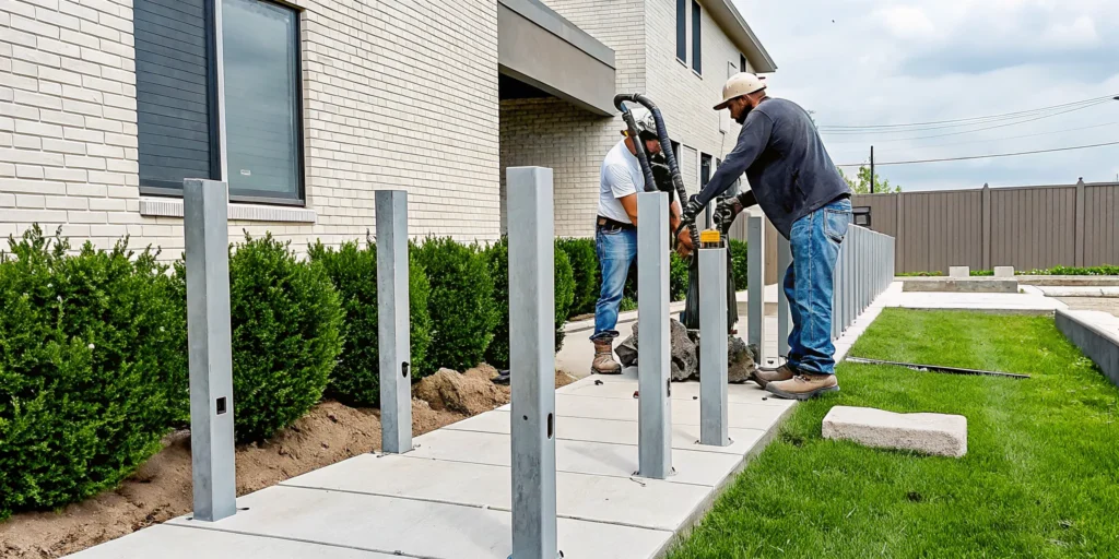 Professional helical pier installation crew using hydraulic equipment to stabilize a residential foundation in North Texas