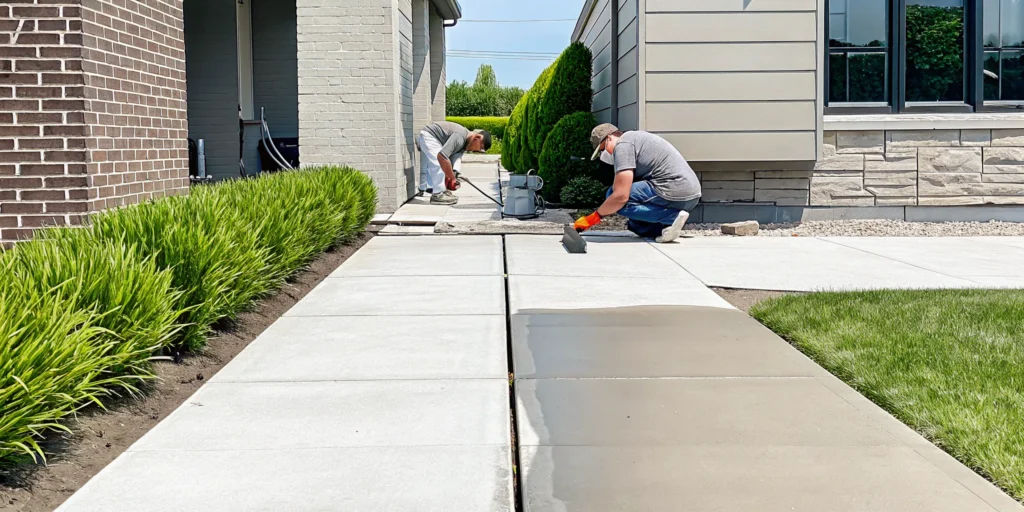 A professional applying NexusPro sealant to repair a concrete sidewalk crack for a durable finish.