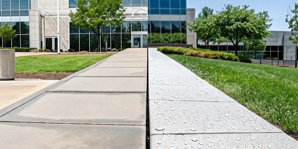 SealantPro concrete protection causing water to bead on a sidewalk next to an untreated, wet section.