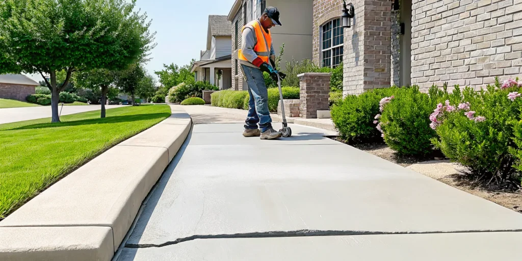A worker fixes a cracked driveway in Plano, TX.
