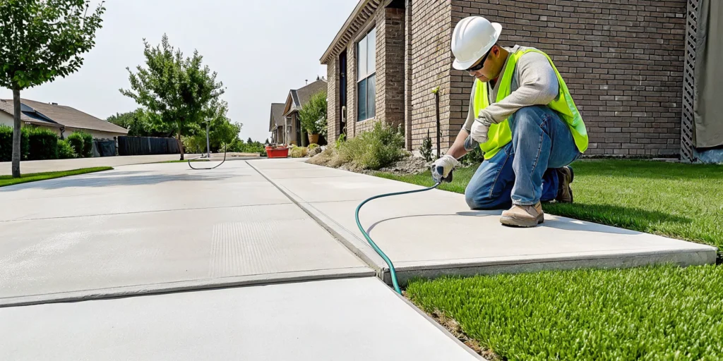 A contractor repairs a sinking concrete driveway near Denton, TX.