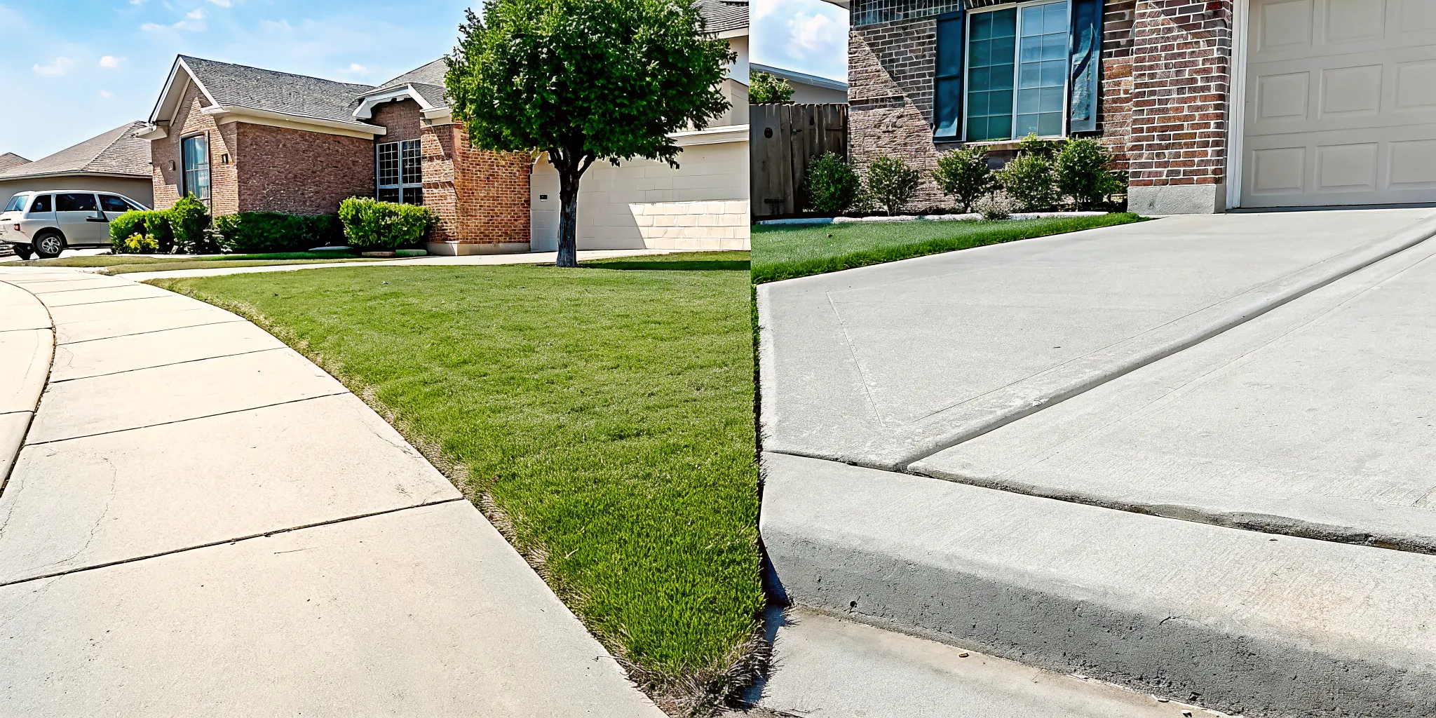 A cracked, sinking concrete driveway in North Texas with uneven slabs and gaps.