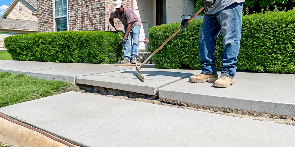 Concrete leveling near me DFW—workers repairing an uneven sidewalk with poly foam.