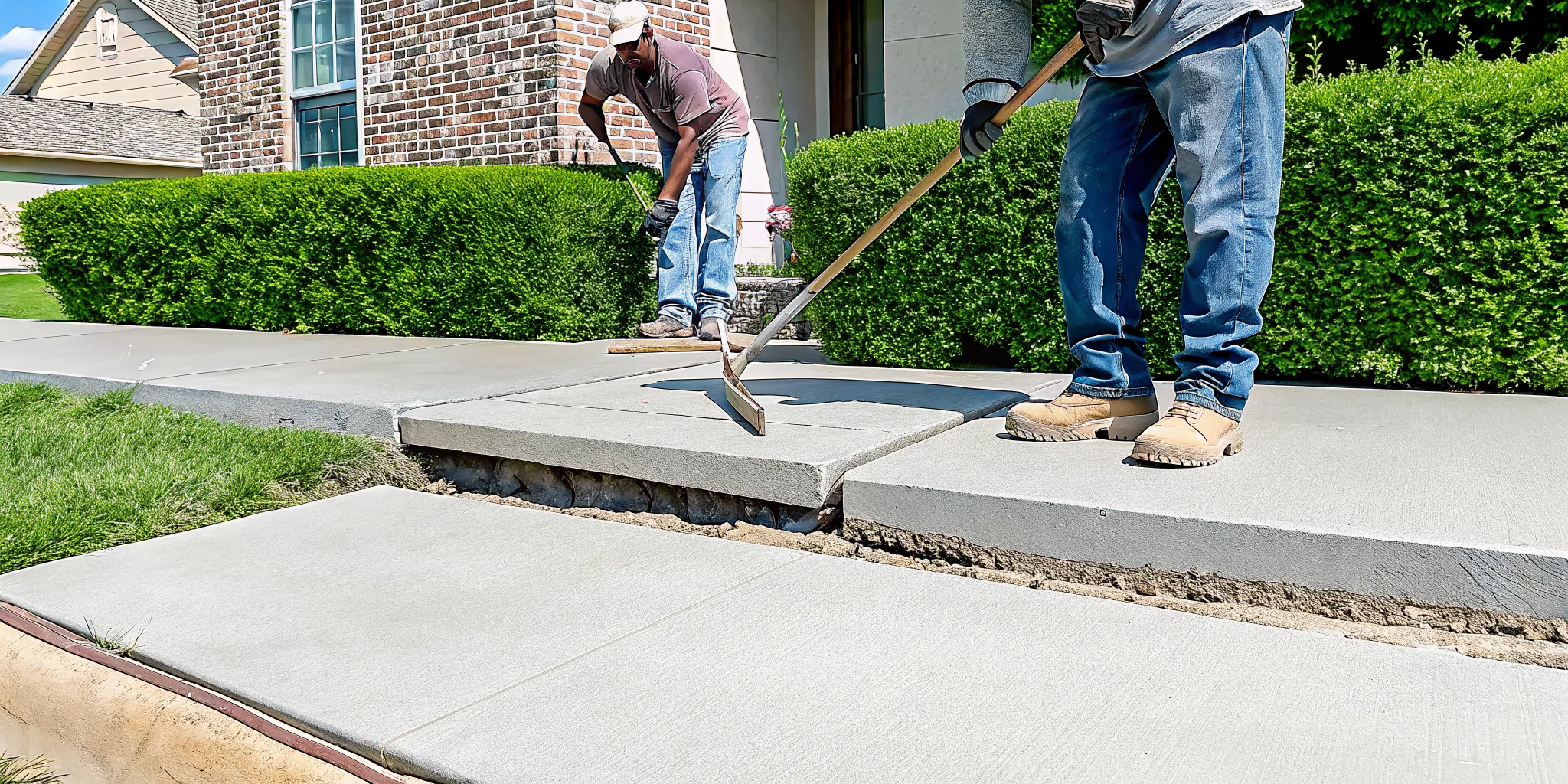 Concrete leveling near me DFW—workers repairing an uneven sidewalk with poly foam.