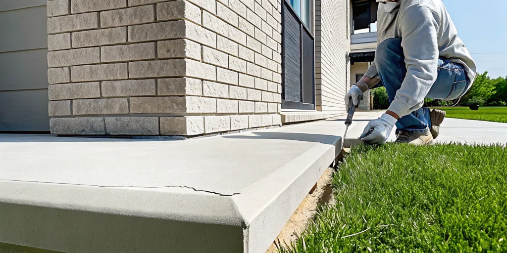 A foundation repair professional fixes a crack in a Dallas home's concrete slab.