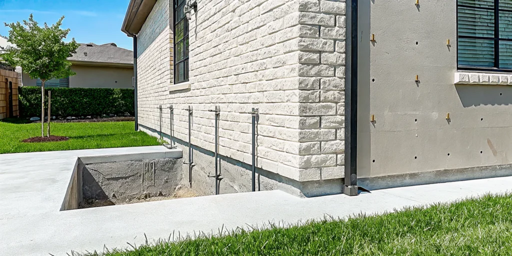 Helical piers installed for foundation repair in North Texas.