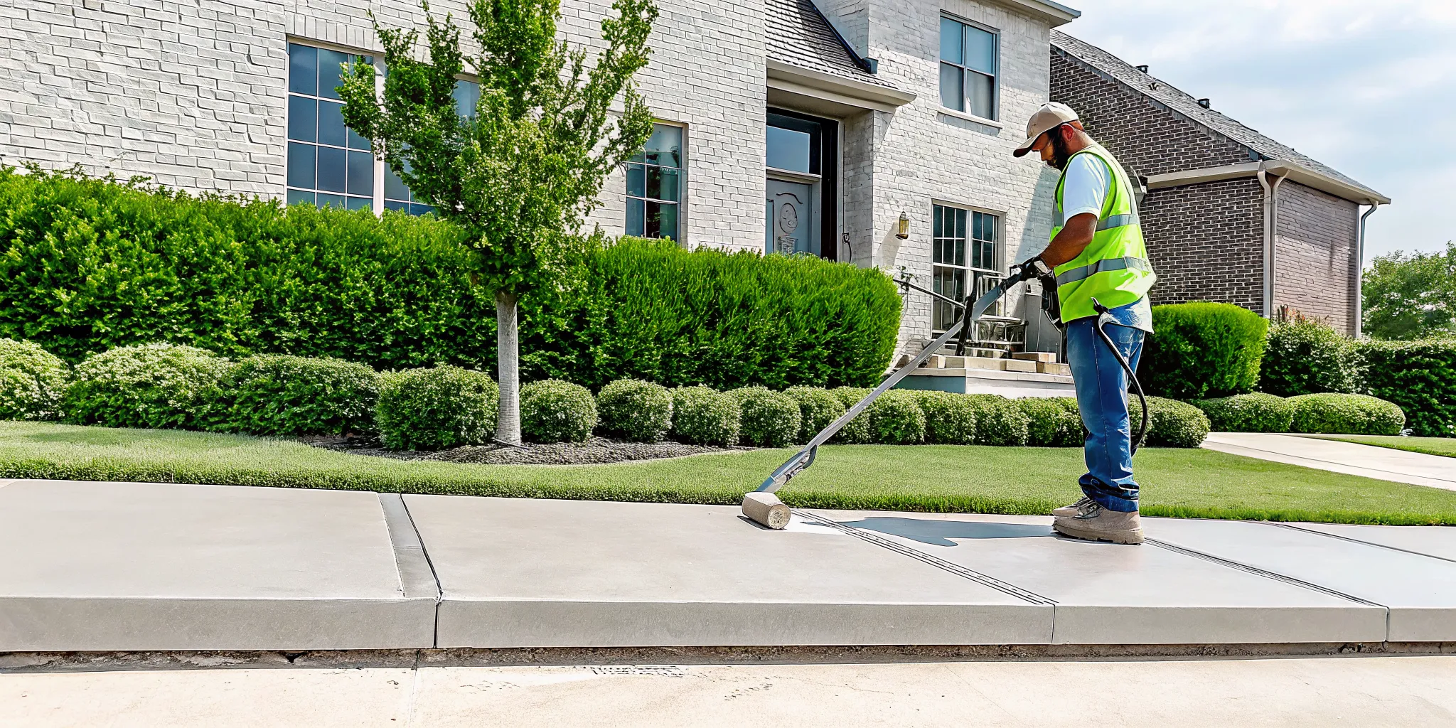 Worker applying PolyLevel concrete leveling to a sidewalk in Dallas, TX.