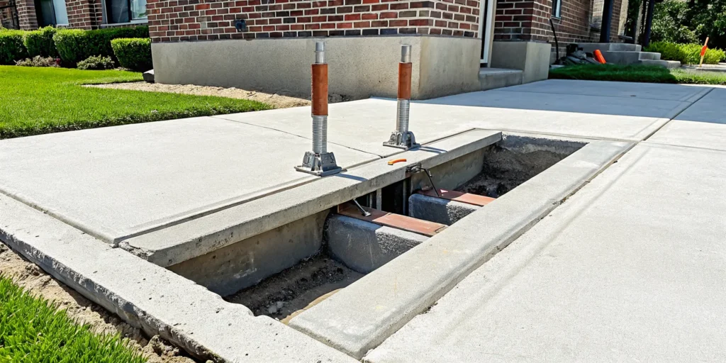 Push pier foundation repair in progress for a Dallas, TX home.