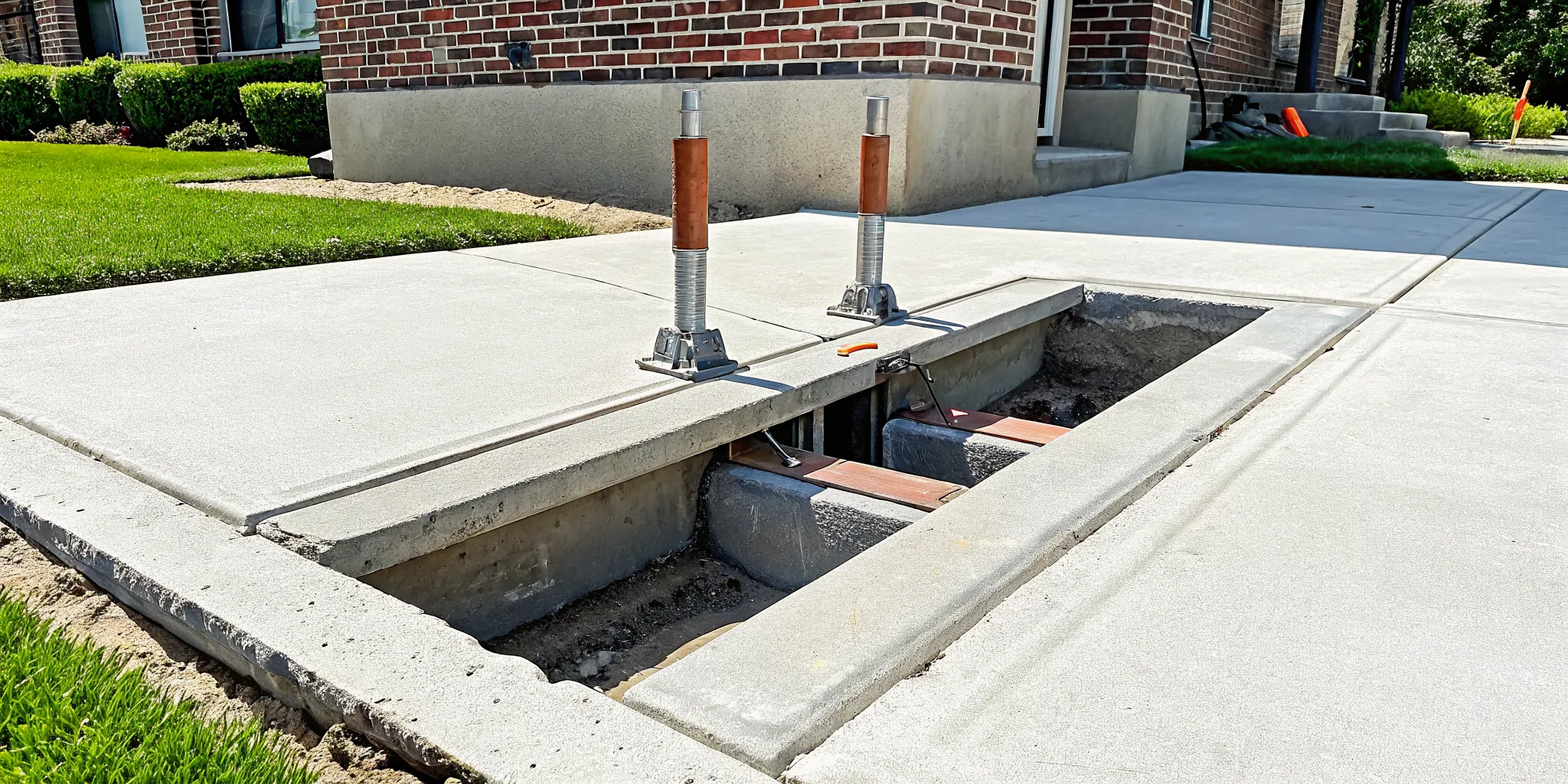 Push pier foundation repair in progress for a Dallas, TX home.