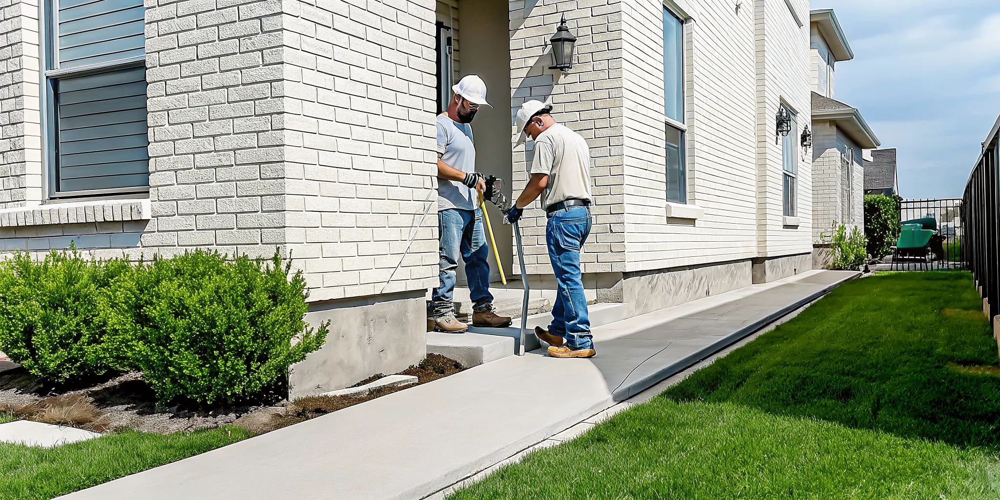 Workers assess a cracked slab for a residential foundation repair in Dallas, TX.