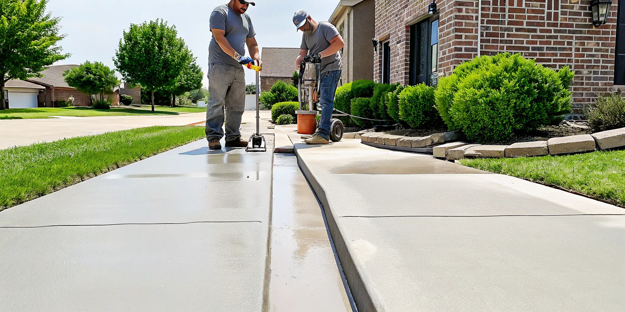 A professional sinking driveway repair in North Texas using concrete leveling.