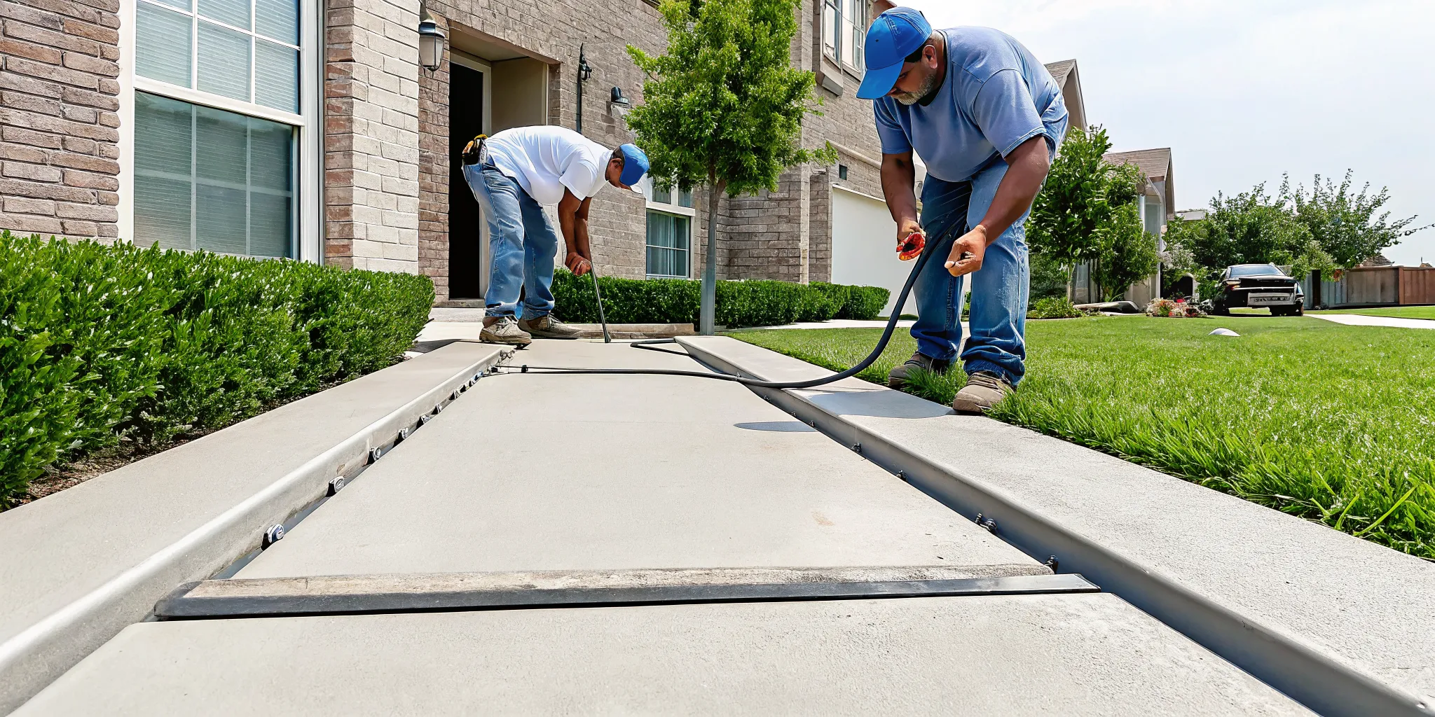 Professional crew repairing a sunken concrete sidewalk in Dallas Fort Worth.