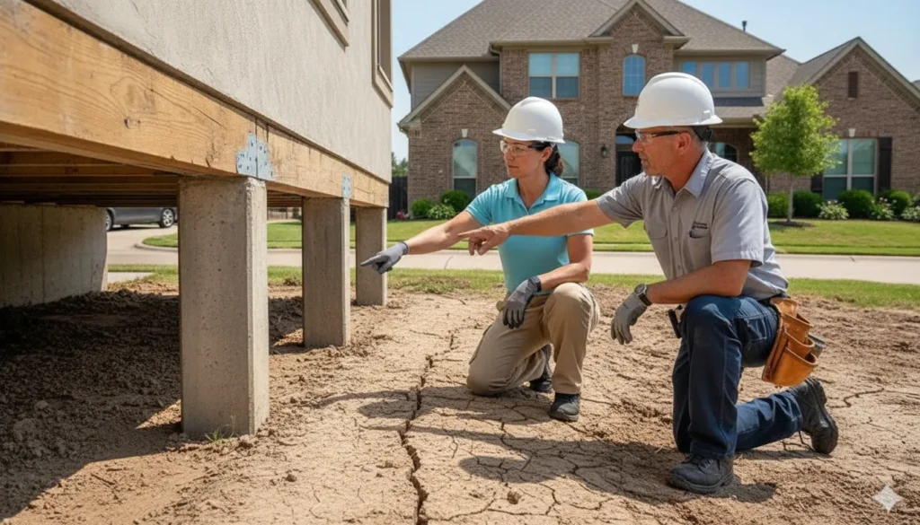 A homebuyer and a contractor inspecting a raised pier-and-beam foundation on a residential property in Dallas