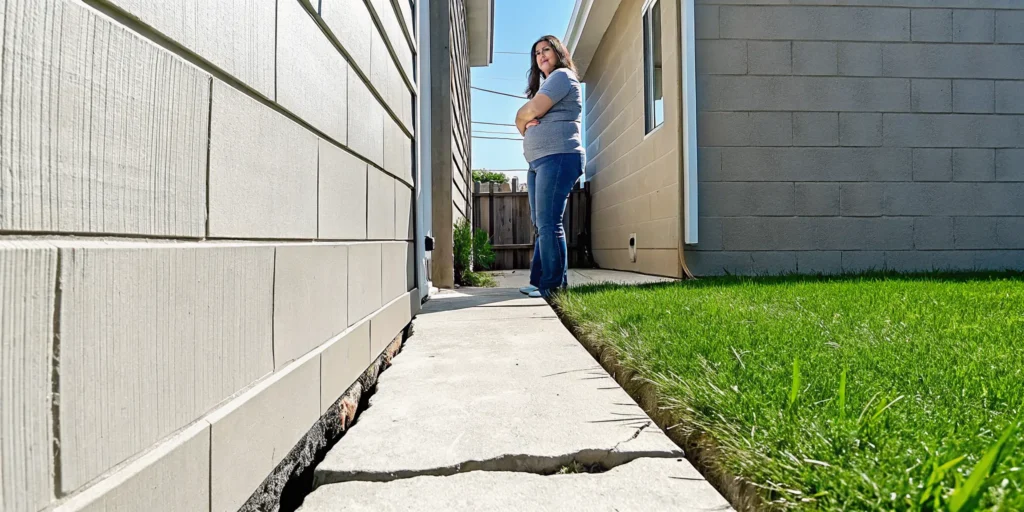 Homeowner examining a concrete crack on a foundation wall in a Dallas home