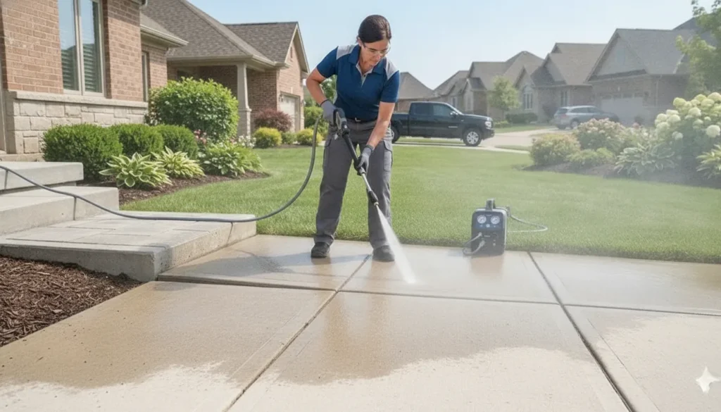 Homeowner cleaning a concrete driveway in North Texas