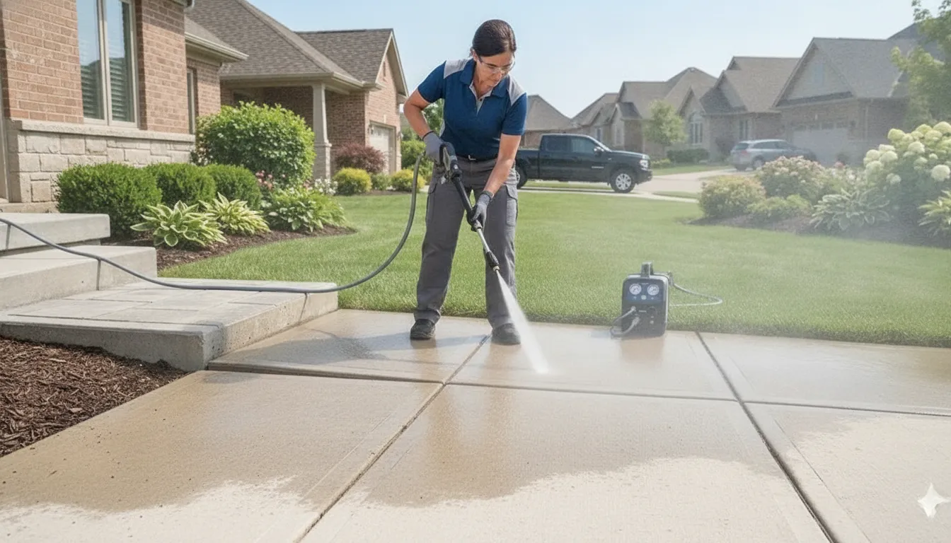 Homeowner cleaning a concrete driveway in North Texas