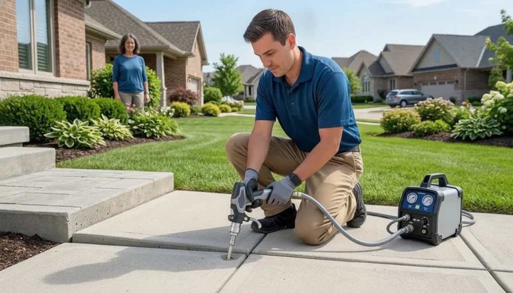 Technician leveling a sunken concrete porch step at a Texas home