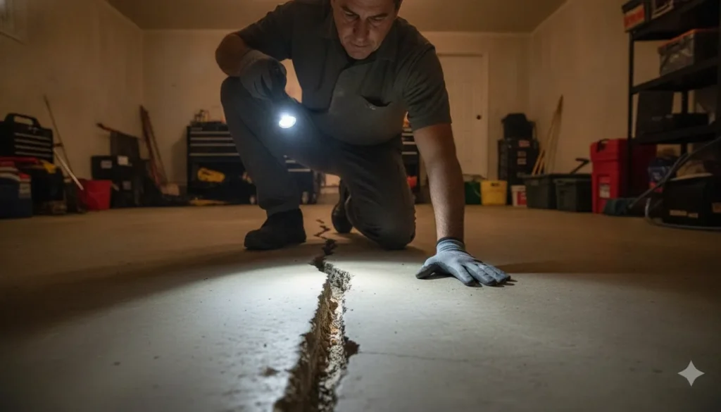 Homeowner inspecting a wide crack in a concrete garage floor with a flashlight
