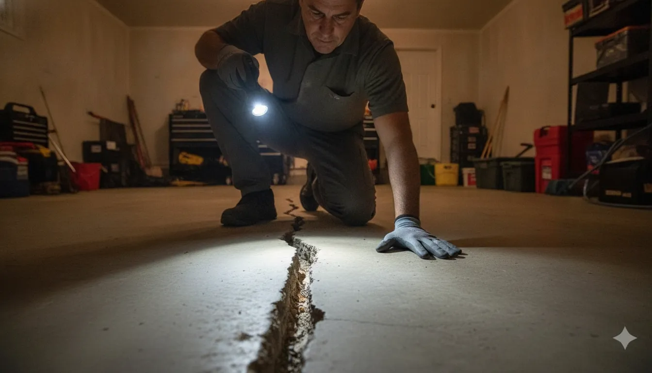 Homeowner inspecting a wide crack in a concrete garage floor with a flashlight