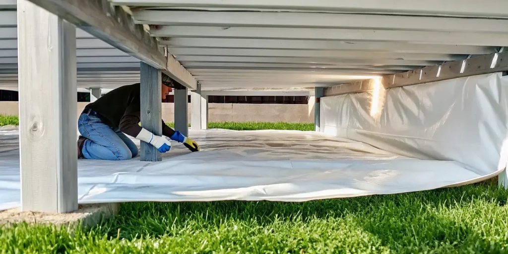 Clean sealed crawl space beneath a pier and beam home with a white vapor barrier wrapping the support piers