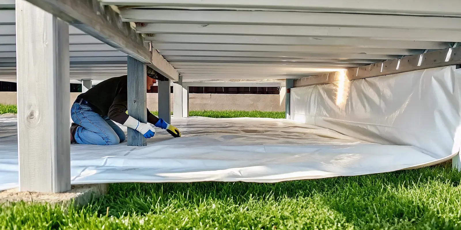 Clean sealed crawl space beneath a pier and beam home with a white vapor barrier wrapping the support piers