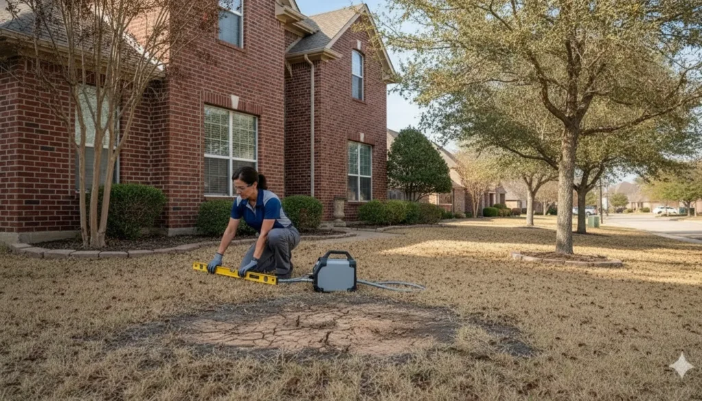 Foundation specialist inspecting a North Texas home for uneven movement