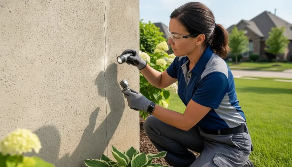Professional foundation contractor inspecting a vertical crack in a concrete house foundation wall