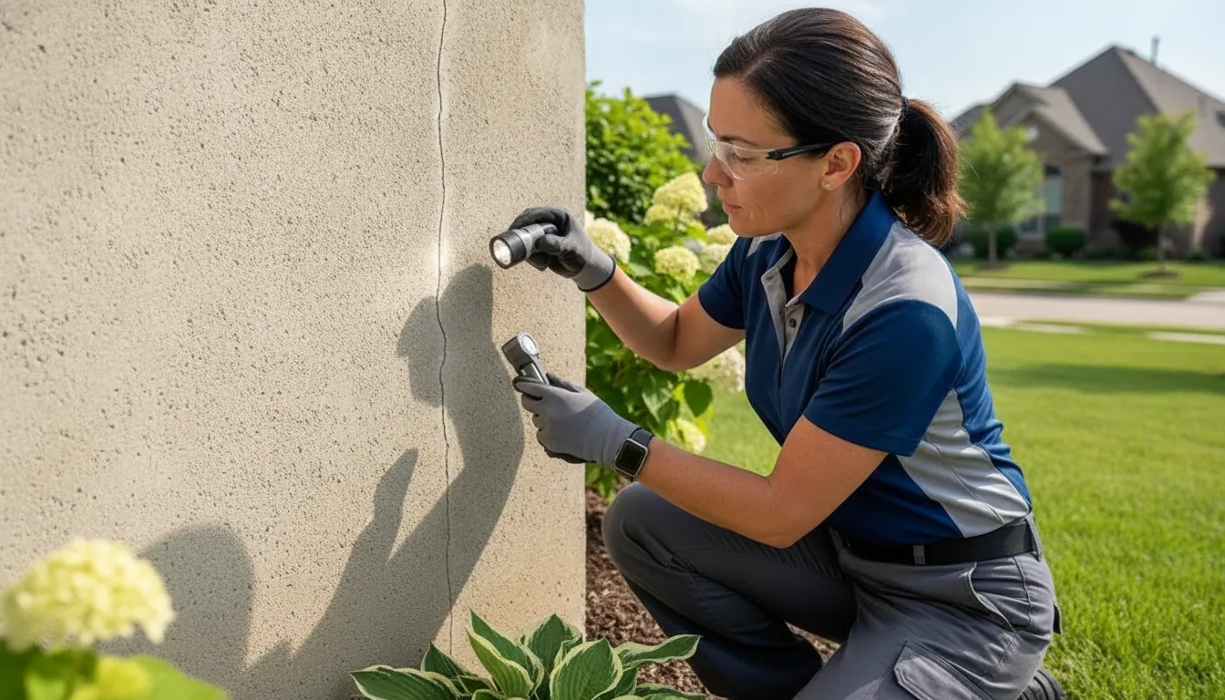 Professional foundation contractor inspecting a vertical crack in a concrete house foundation wall