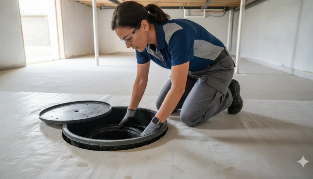 Foundation contractor inspecting a crawl space sump basin