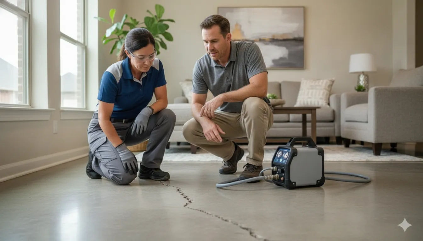 Homeowner and foundation specialist examining a foundation crack in a North Texas home