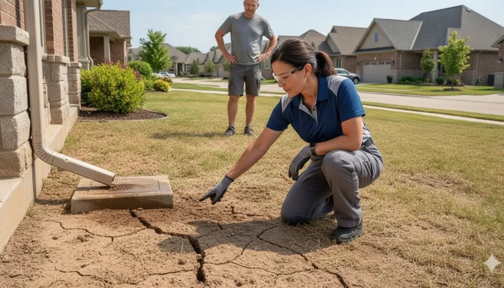 Homeowner inspecting drying clay soil near the foundation of a North Texas home