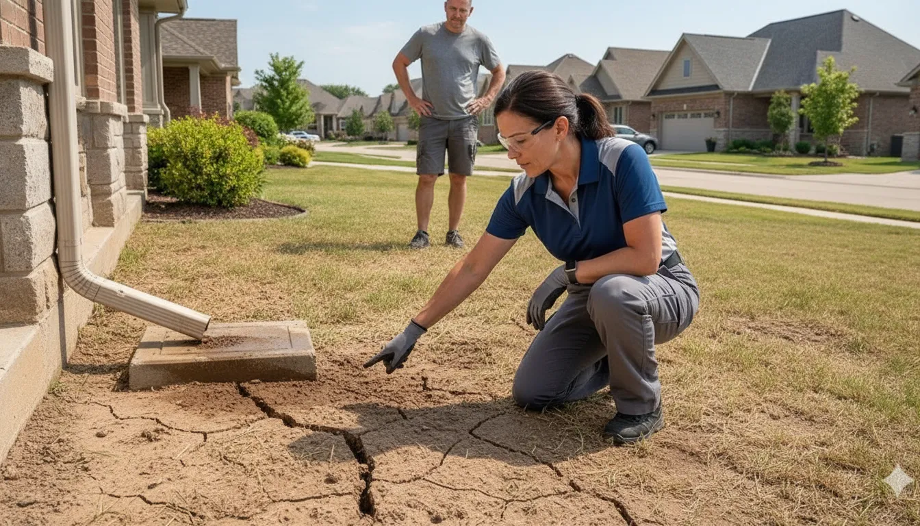 Homeowner inspecting drying clay soil near the foundation of a North Texas home