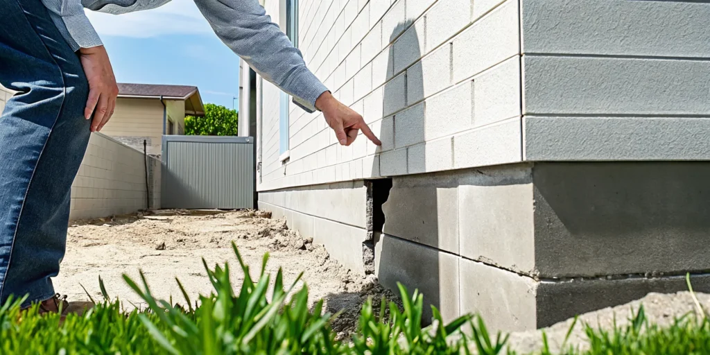 Professional foundation inspector examining a concrete foundation wall crack in a North Texas home