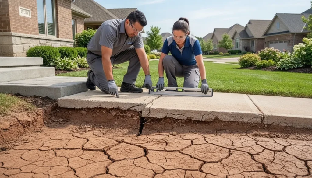 Foundation technician inspecting a raised concrete slab edge on North Texas clay soil