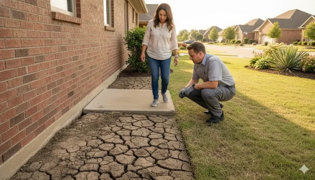 Home buyers and an inspector examining the foundation and soil of a North Texas house during a pre-purchase evaluation