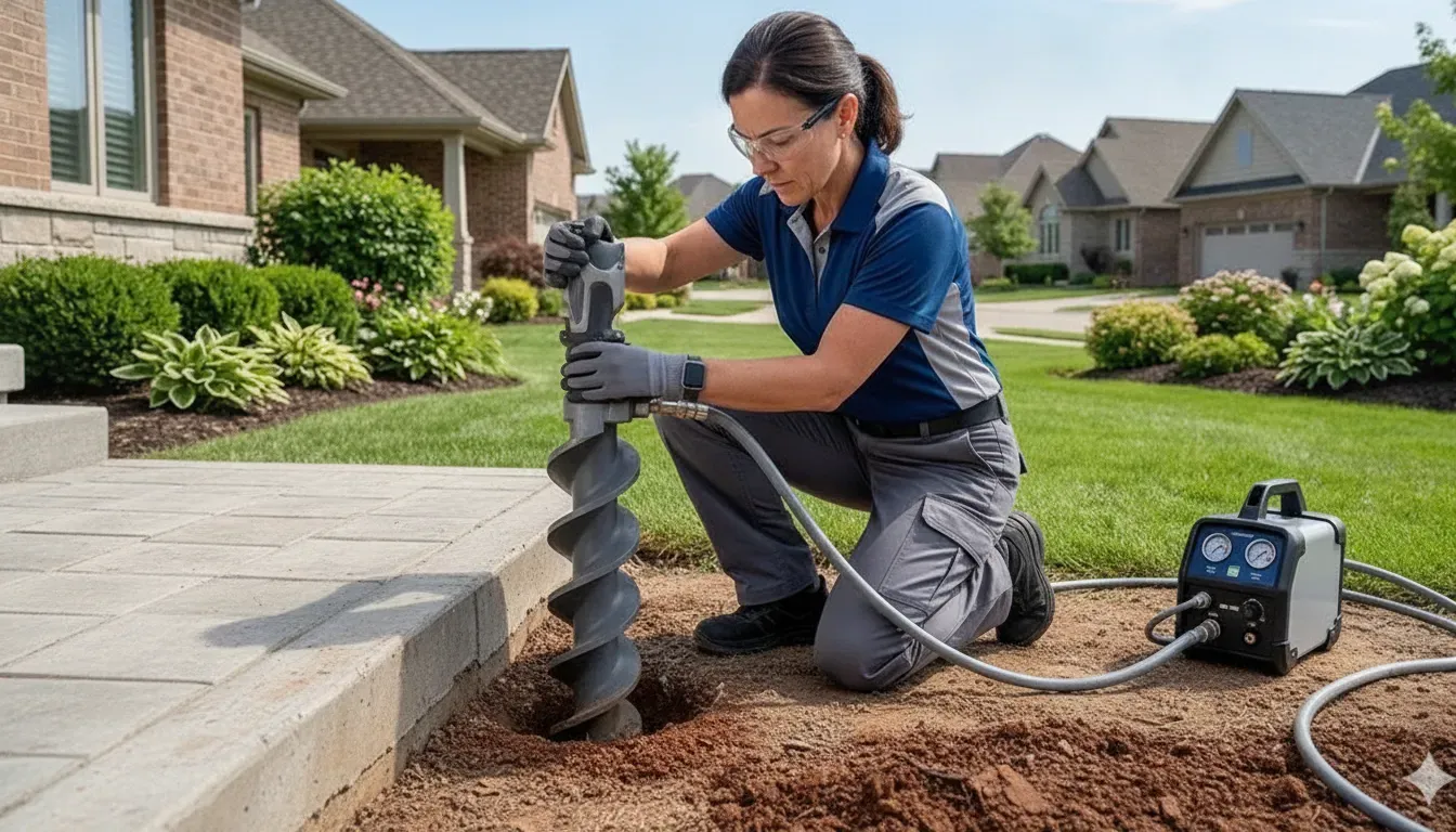 Technician installing a helical foundation pier under a raised home in North Texas