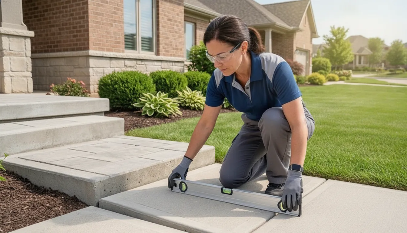 Foundation specialist kneeling beside a Dallas-area home foundation to inspect settling concrete