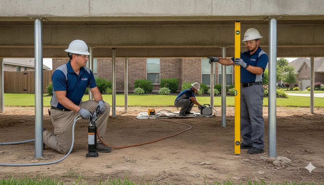 Foundation repair crew inspecting and leveling a home on steel piers in Dallas-Fort Worth