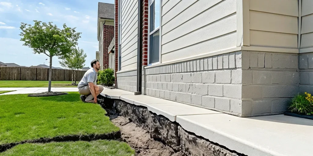 Homeowner inspecting the clay soil along the foundation of a North Texas home