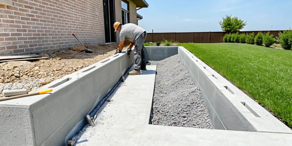 Foundation waterproofing membrane applied to a North Texas foundation wall