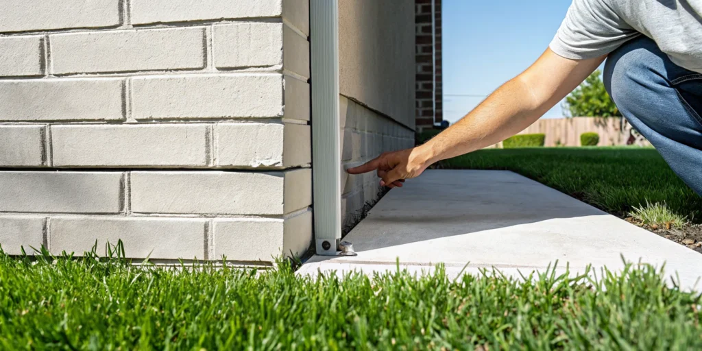 Homeowner inspecting a narrow gap between an interior wall and floor in a North Texas home
